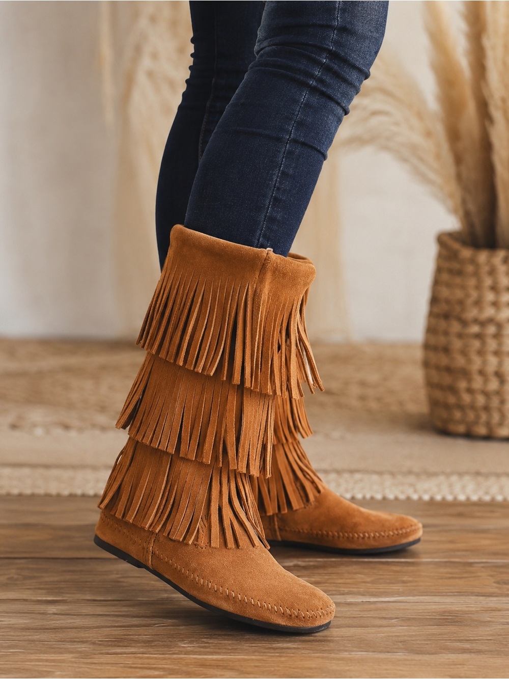 Minnetonka 1638 3-Layer Fringe Suede Moccasin Boots Brown Women’s 8. Boho Hippie